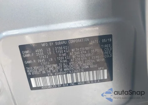 2019 Subaru Outback 2.5I Premium from USA, damaged, VIN 4S4BSAFC7K3360776